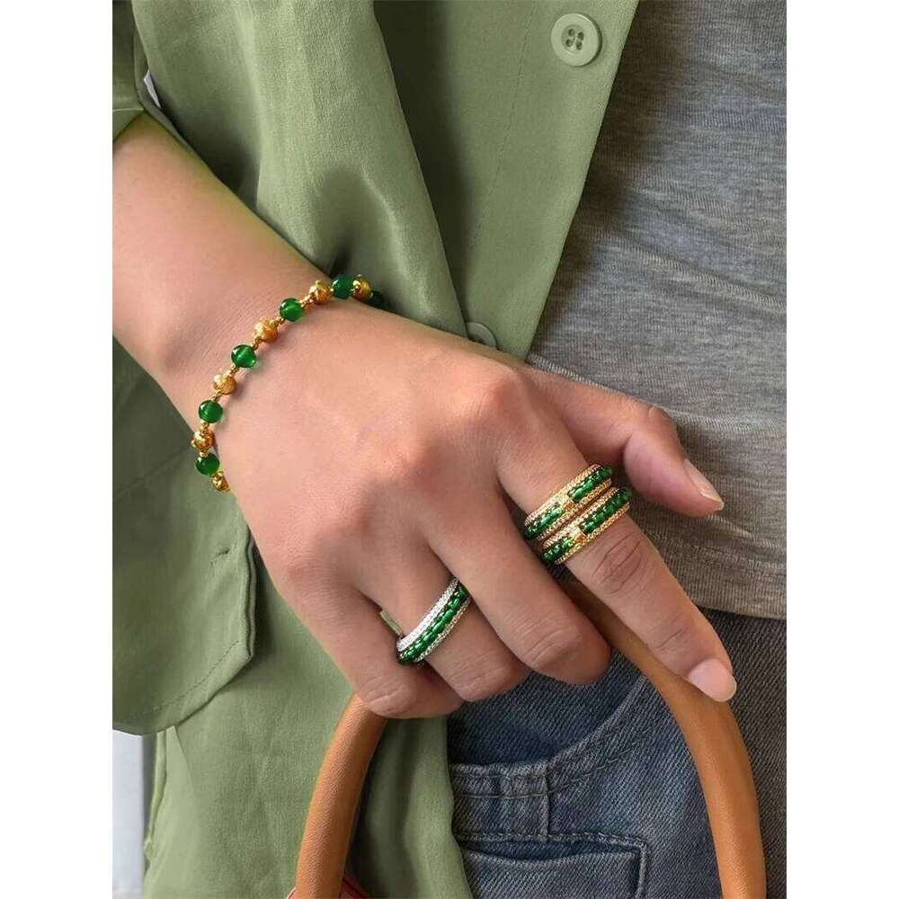Vintage Natural Green Chalcedony Zircon for Women's Fashion Banquet All-match Index Finger Ring Exquisite Jewelry Gift H260312