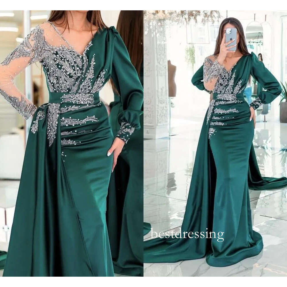 Beautiful Dark Green Mermaid Evening Vintage Sheer Sleeve Pleats Ruffles Satin Long Formal Party Prom Dresses With Appliques Beads B0313