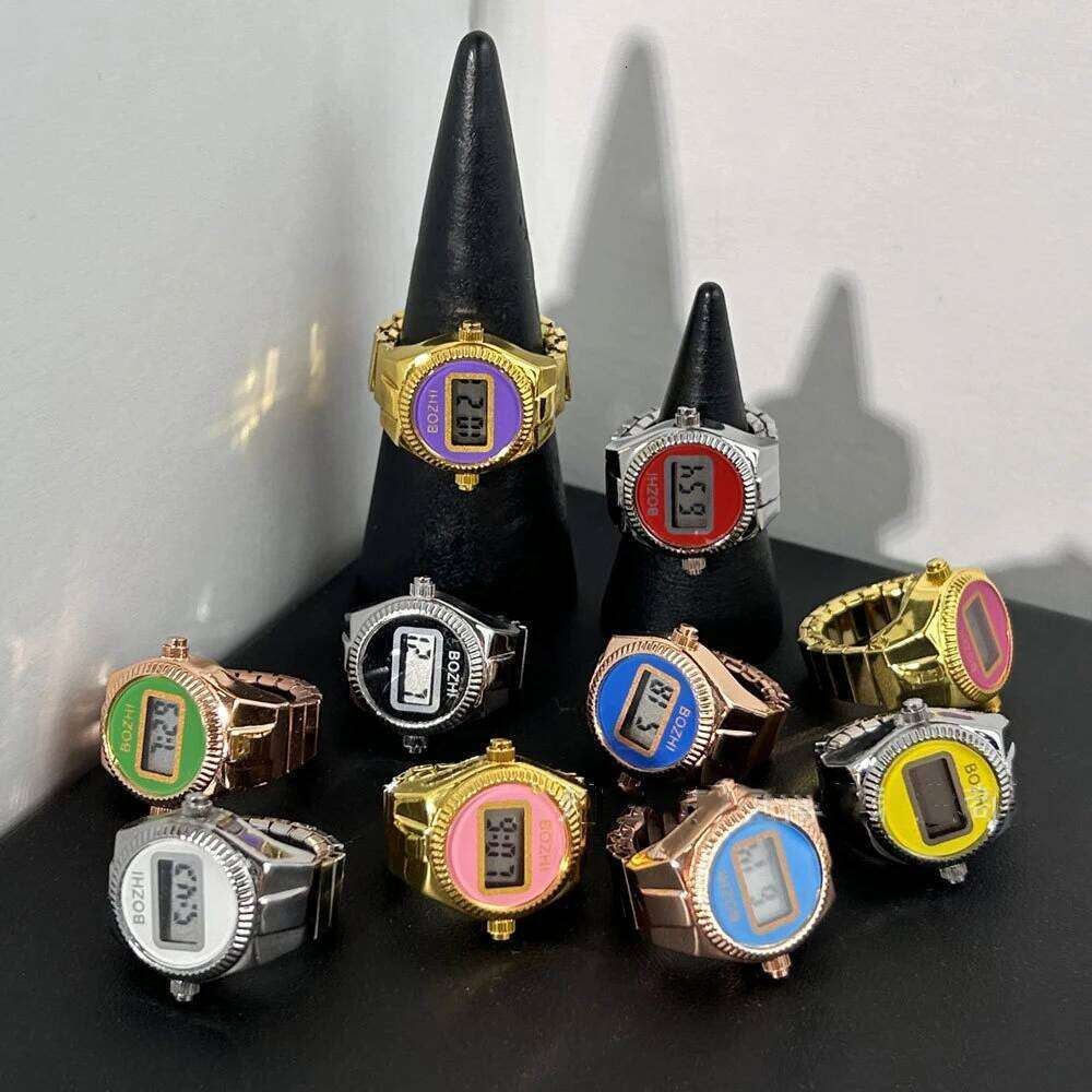 WLP Visible Time Mini Electronic Digital Finger Rings for Women Men Couples Elastic Strap Alloy Ring Jewelry Gift H260312