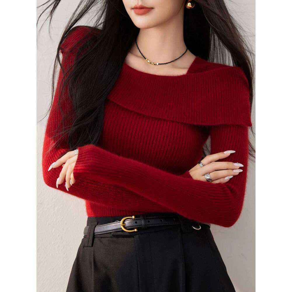 Women's Red Knit Top: Elegant Slim-Fit Long-Sleeve Sweater Versatile, Comfortable & Stylish Z260313