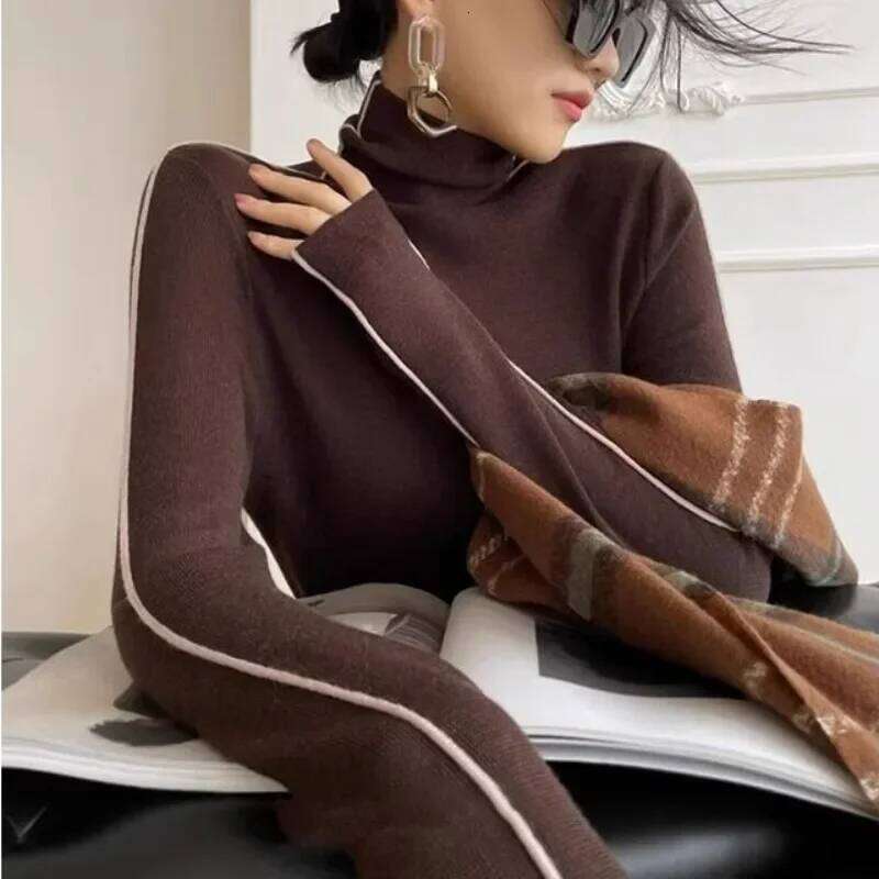 Fashion Turtleneck Pullovers Women 2023 New Autumn and Winter Slim Fit Long Sleeved Top Elegant Office Lady Sweaters Black White Z260313