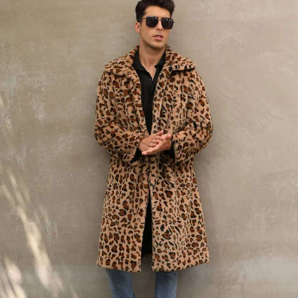 Men Faux Leopard Coat Winter Thick Sleeve Warm Shaggy Outerwear Luxury Fur Long Jacket Bontjas Jackets Mens Z260313