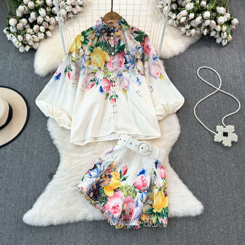 2026 Women's Fashion European and American Style Lantern Long Sleeve Stand Collar Loose Printed Top High Waist Two Piece Set