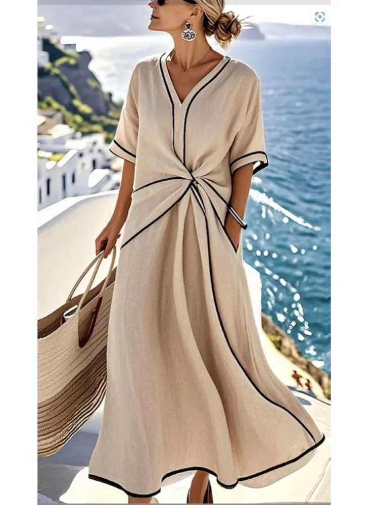 Woman Boho Loose Dress Striped Print Folds Maxi Dresses 2025 Spring Summer Casual V Neck Short Sleeve Vacation Beach Long DressT260314