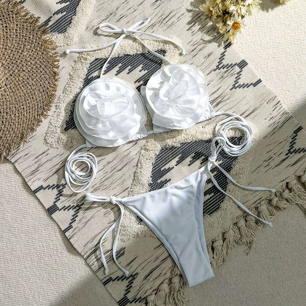 Sexy 3D Flower Swimsuit 2026 New Solid Halter Swimwear Women Bikini Set Bandage Bathing Suit Biquini Y260303