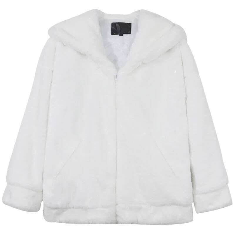 Mauroicardi Winter Oversized White Faux Fur Coat with Hood Long Sleeve Zipper Casual Loose Fluffy Jacket for Men Style 2021 Z260313