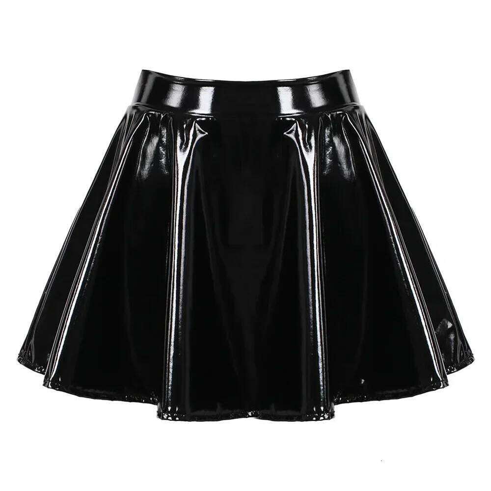Femal Glossy Short Pleated Skirts Patent Leather Oily Shiny soft Miniskirt Dance A-Line Solid Color Skirt Erotic Clubwear Z260314