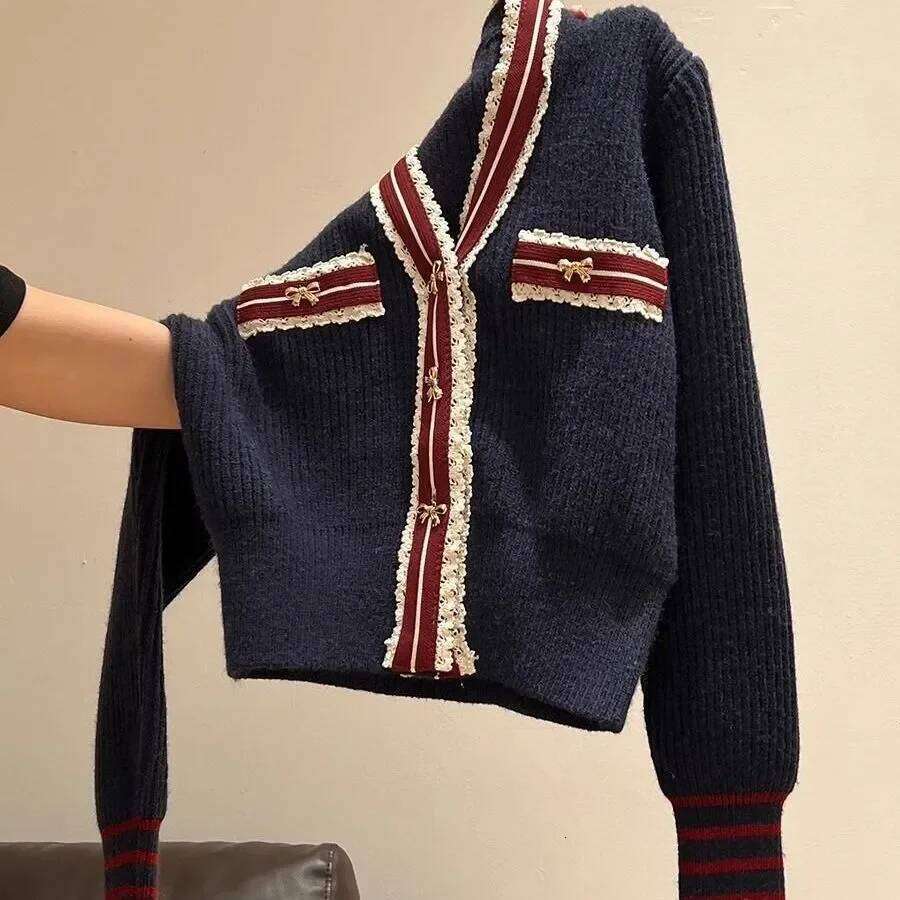 Autumn Winter Preppy Style Patchwork V-neck Long Sleeve Knitting Cardigan Femme Fashionable Buttons Thick Sweater Coat Women Z260313