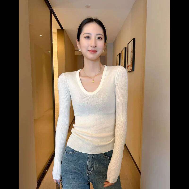 2025 New Gray U-neck Women's Autumn Slim Fit Bottoming Shirt Tight Sweater Z260313