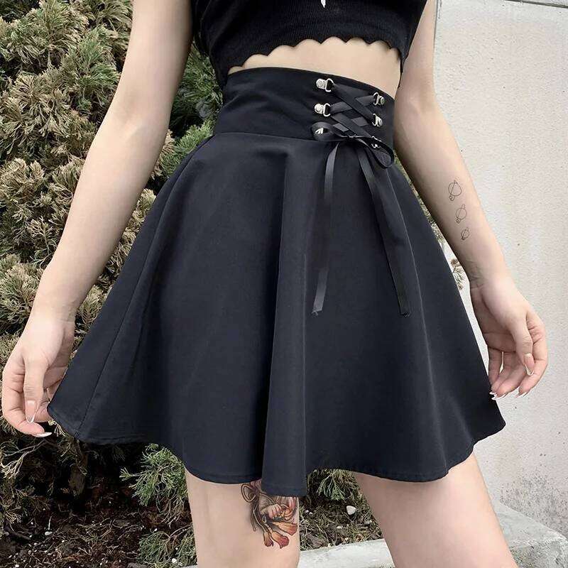 FICHOR Women's Black Checkered Gothic Skirt Pleated Mini Hip Hop Punk Style for Spring Autumn Clubwear Z260314