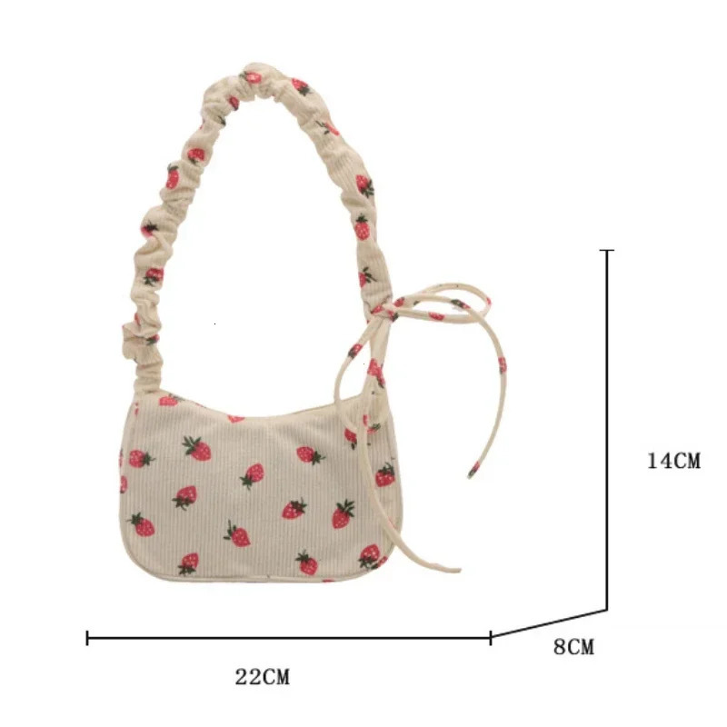 Women Small Underarm Bag Corduroy Handbag Cute Strawberry Print Little Tote Half Moon n Eco Cloth Purse Mini Shoulder Bags 260303