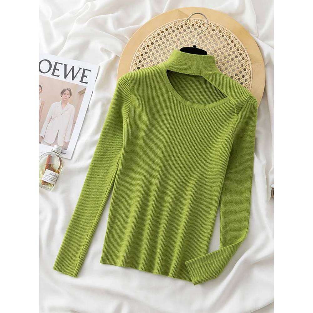 Skew Hollow-out Pullovers for Women Long Sleeve Half High Collar Knitted Sweater Female Korean Solid Jumper Pull Femme Sweaters Z260313