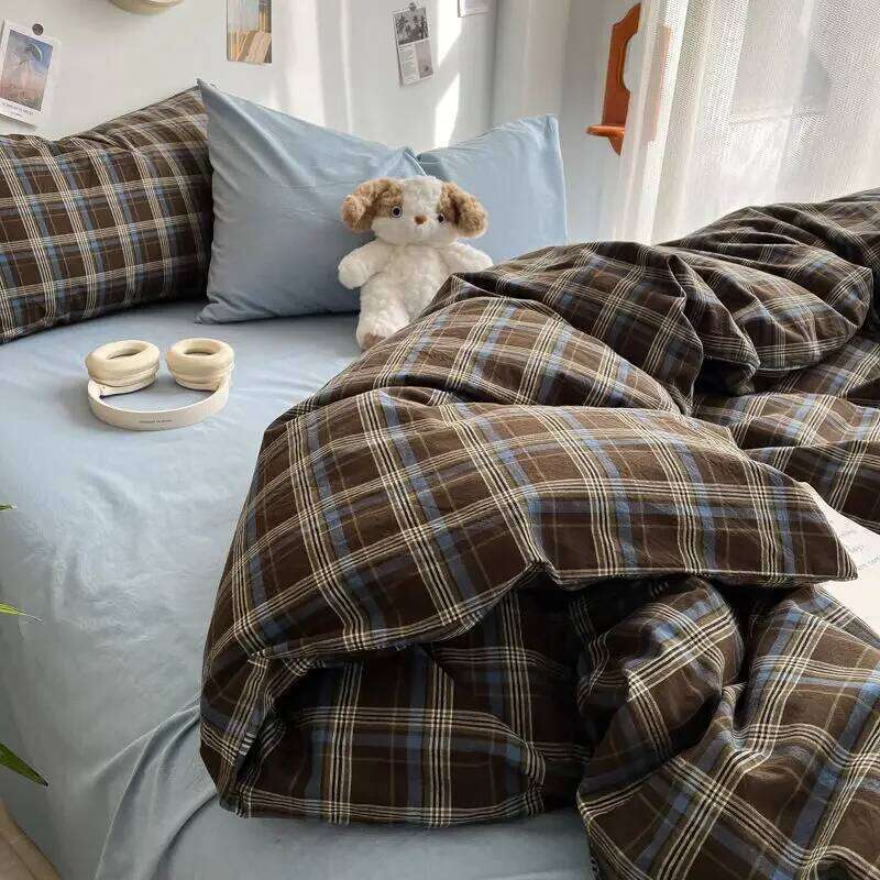 Bedding Ins Ambiance Blue Coffee Grid Mixed With Washed Cotton Minimalist Four Piece Set Fitted Sheets Duvet Cover H260312 - view 3