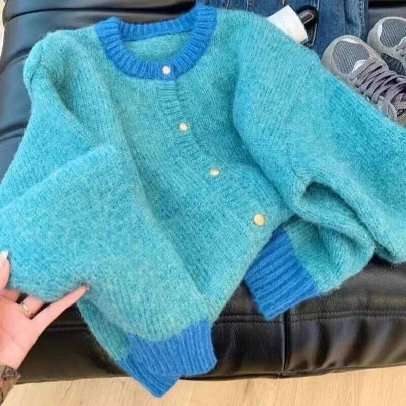 2026 Long Sleeve Patchwork Knitted Sweater Single-breasted Cardigan O-Neck Casual Warm Coat Office Outerwear Autumn Winter Z260313