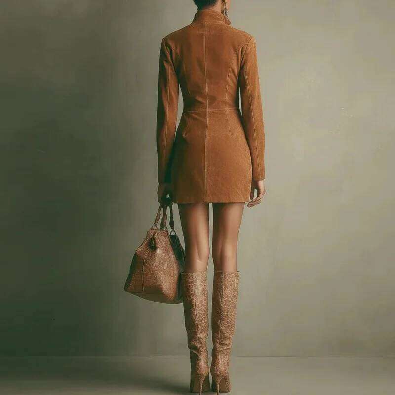 Western Retro Solid Suede Dresses Woman Turn-down Collar Zipper Slim Hips New Fall Long Sleeve Irregular Dress 2025 Z260314