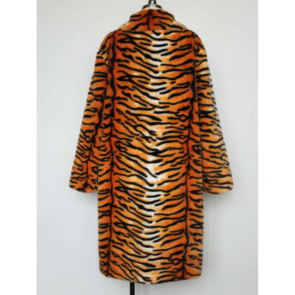 Men Tiger Stripe Coat Faux Fur Jacket Color Blocked Turn Down Collar Long Sleeve Single Breasted Loose Casual 2025 Autumn Winter Z260313