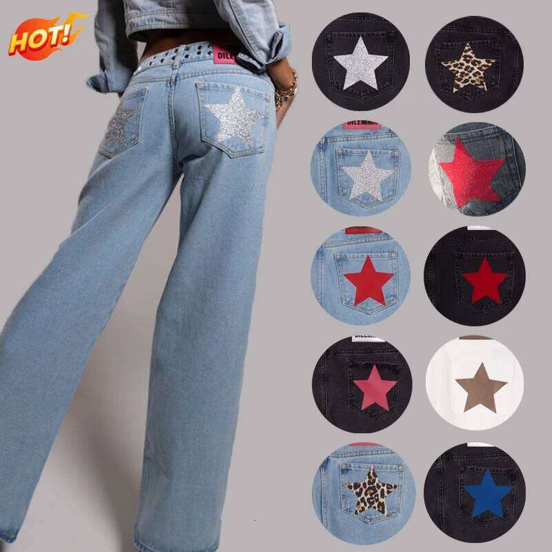 Patchwork Leopard Star Metal Rivet Jeans Y2k Denim Pants Women Female Baggy Dragging Hip High Street 2025 Casual Trousers Z260313