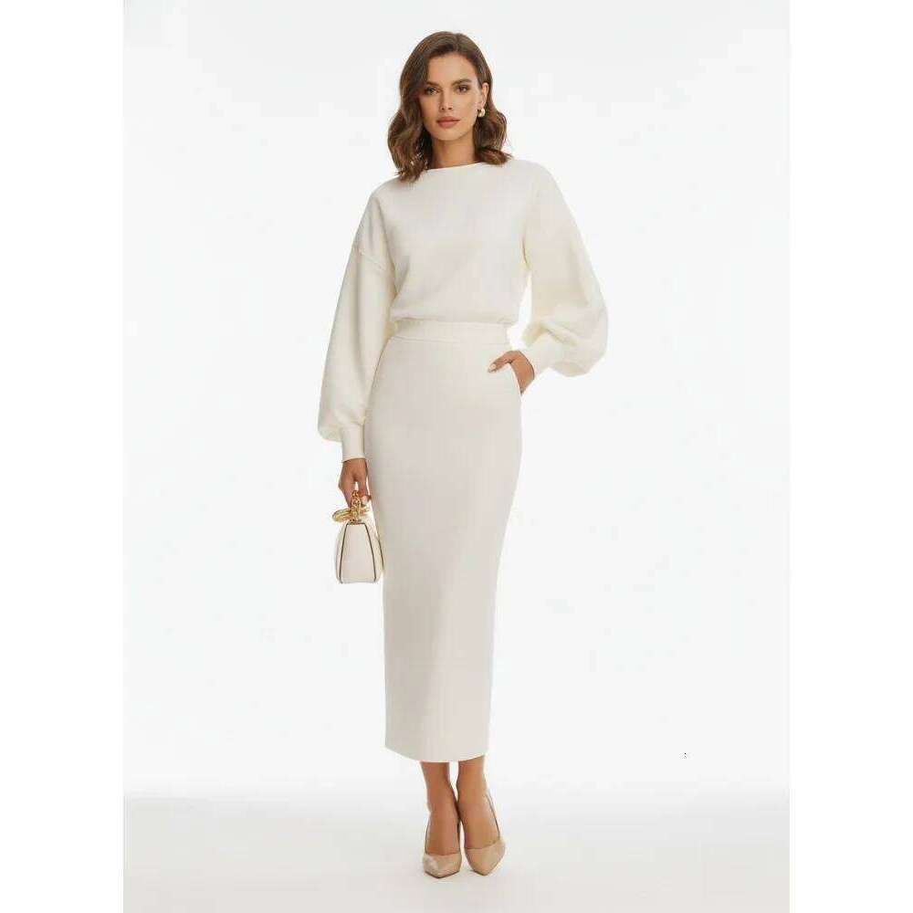 Freeacy 2025 Autumn Stylish Women's White Relaxed Fit Midi Dress Round Neck Lantern Sleeves High Waist Party Dresses Z260313