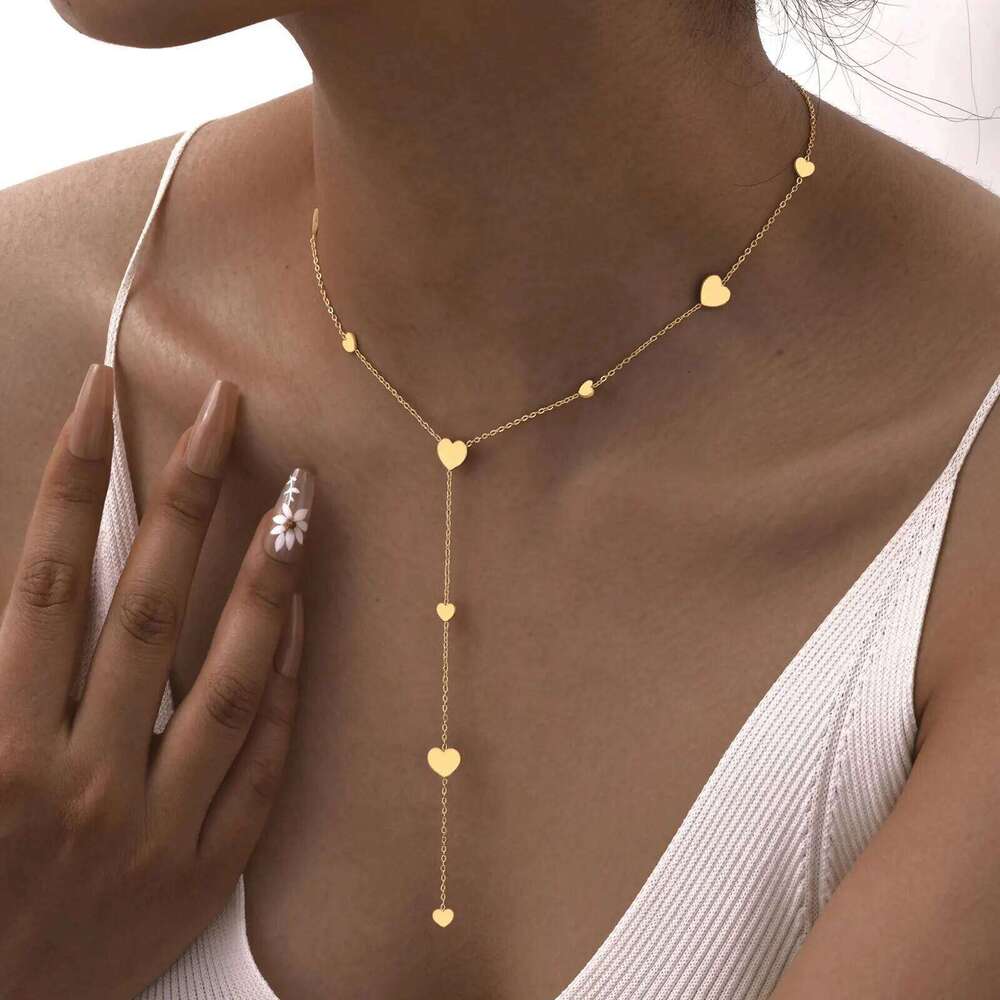 Heart Drop Lariat Necklace For Women, Y Shape Long Chain Stainlss Steel 18K Gold Color Layered Jewelry H260312