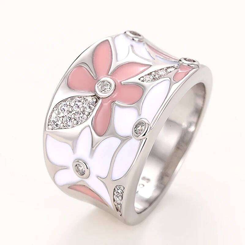 Huitan Aesthetic Enamel Flower Finger for Women Wedding Party New 2023 Ring Silver Color Luxury Cubic Zirconia Jewelry Gift H260312