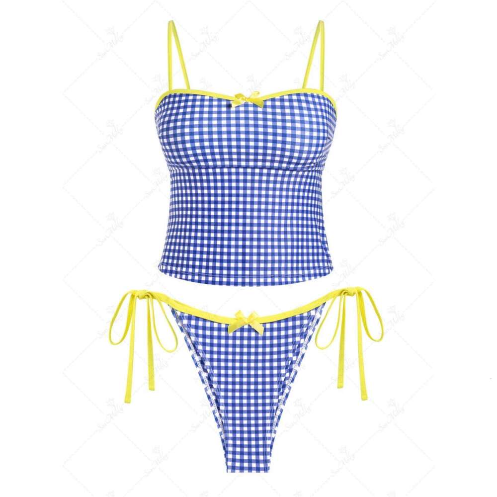 Yiiciovy Plaid Print Summer Swimming Women Bikini Set Spaghetti Strap Crop Tops Tie-up Low Rise Thongs Bathers Bathing Suit 26H0313