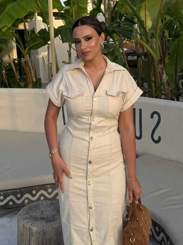 HXAO Denim Womens Dress Button Off White Short Sleeve Midi Dresses Summer New Denim Long Dresses Office Elegant Female ClothingT260314