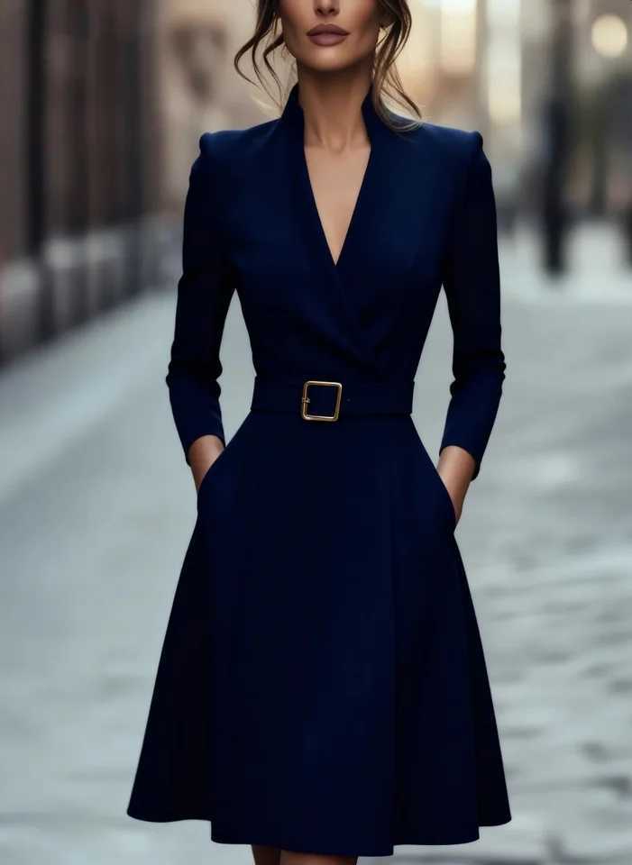 Womens Autumn Winter V-Neck Long Sleeve A-Line Skirt Slimming Waist Belted Medium-Length Commuter FashionT260316