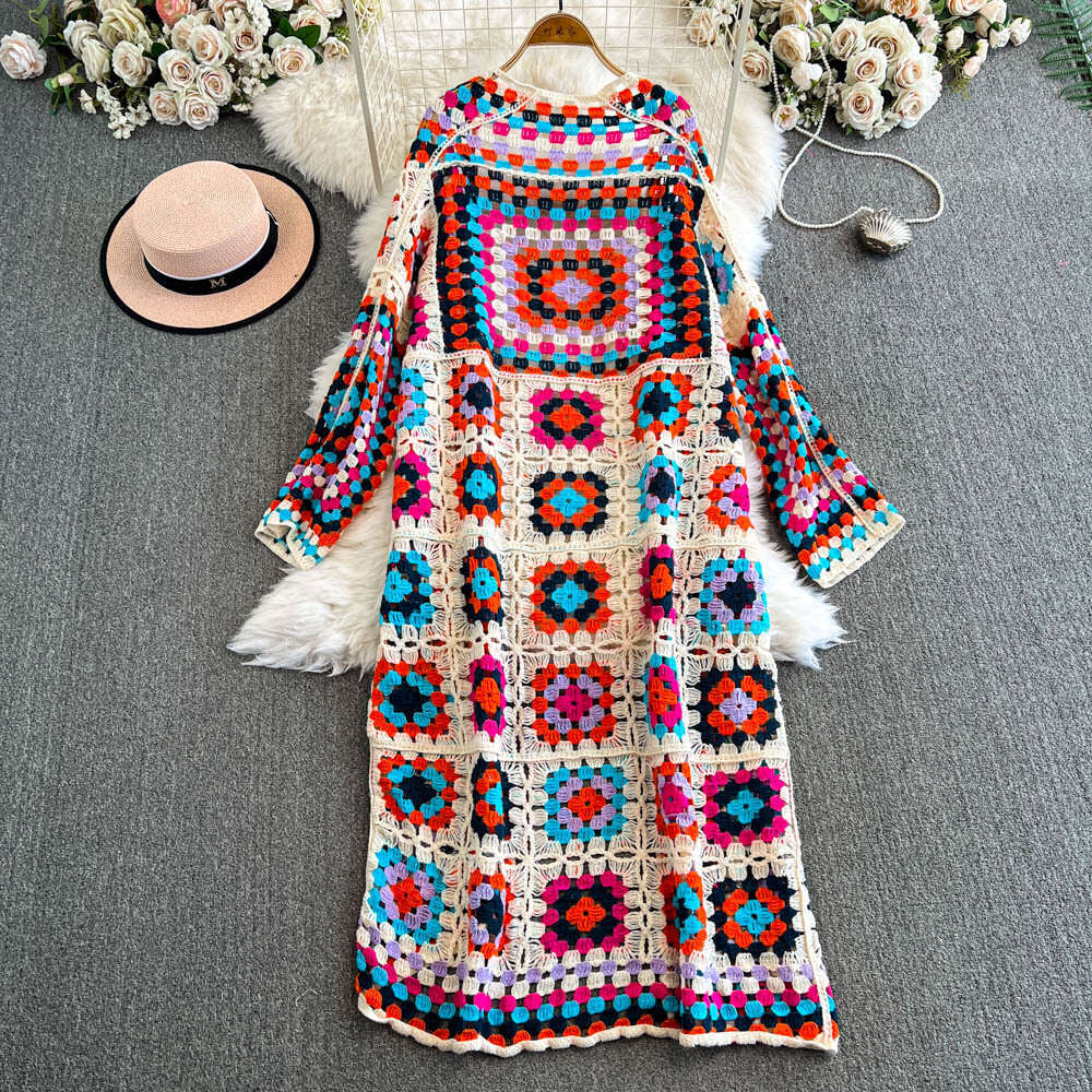 Designer ethnic style retro heavy-duty crochet hook design color blocked checkered knitted women's cardigan jacket