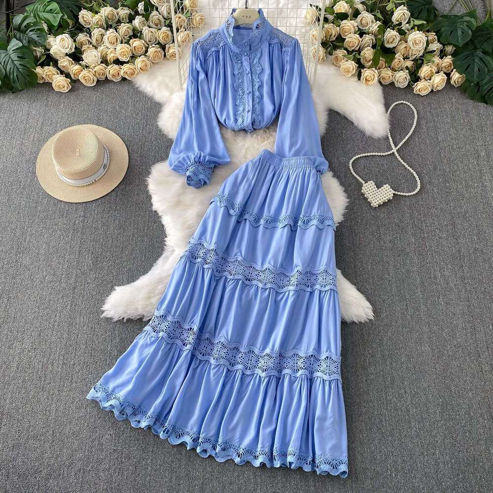 2026 soft style blue thick lace patchwork stand up collar lantern A14 sleeve shirt two-piece set high waist slimming cake skirt