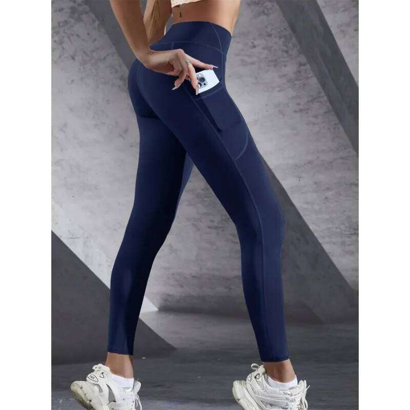 New High Waist Women's Leggings Stretch Yoga Tights With Pockets Push Up Fitness Running Sportswear Solid Color Pants 26Y0313