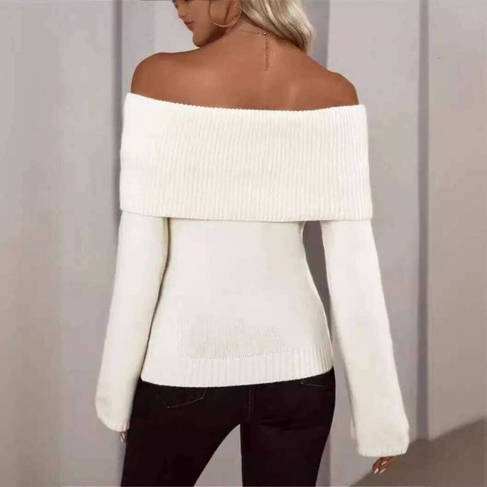 American European New Fashion Women's Slim Solid Color Simple Basic Casual Trendy Slash Neck Long Sleeve Knitted Sweaters Female Z260314