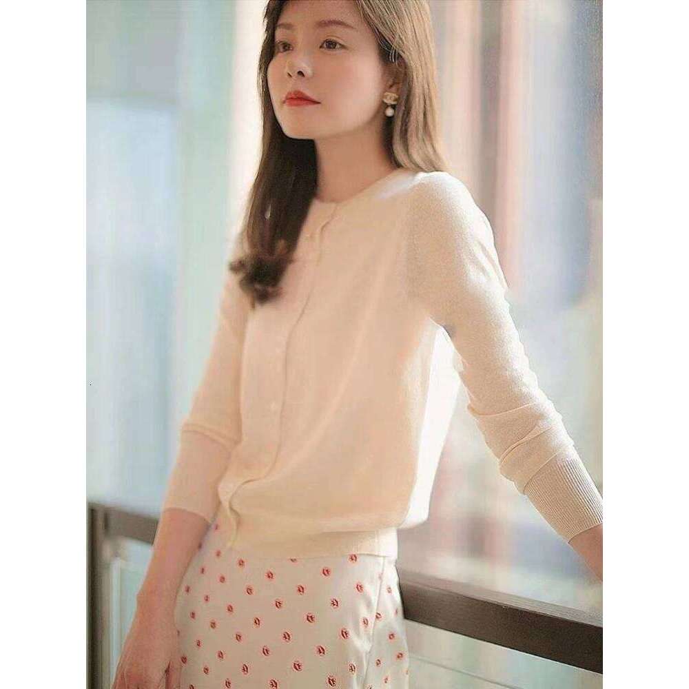 Spring and Autumn Thin Women's Round Neck Knit Solid Color Bright Silk Jacket Loose Bottoming Cardigan Sweater Z260313