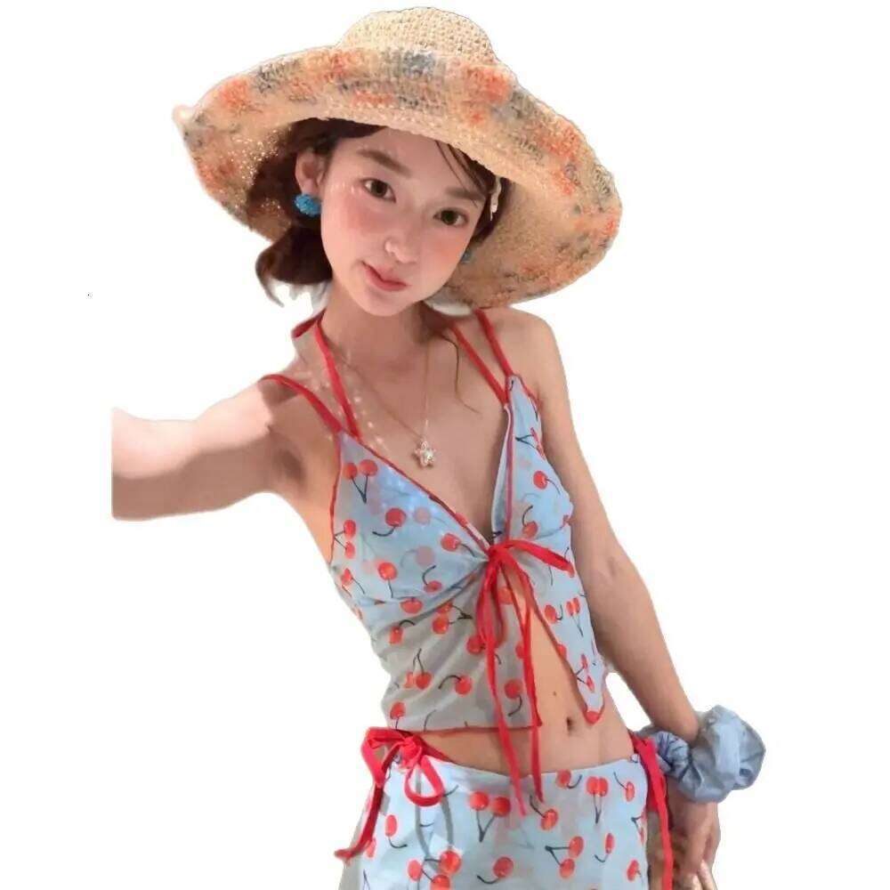 Desire Pure Color Cherry Bikini V Neck Push Up Four Piece Set Wrap Skirt Print Pattern Sexy Swimwear Beach Wear 26H0313