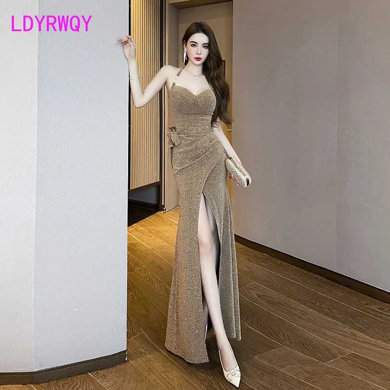 Sexy low cut hanging neck slit floor dragging womens long dress annual party temperament host dress socialite banquet dressT260316