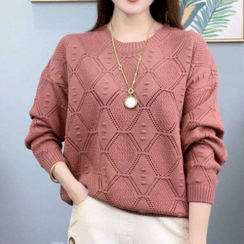 Fashion Round Neck Solid Color Knitted Sweater Hollow Women's Clothing Spring and Autumn Summer New Thin Loose Long Sleeves Z260314