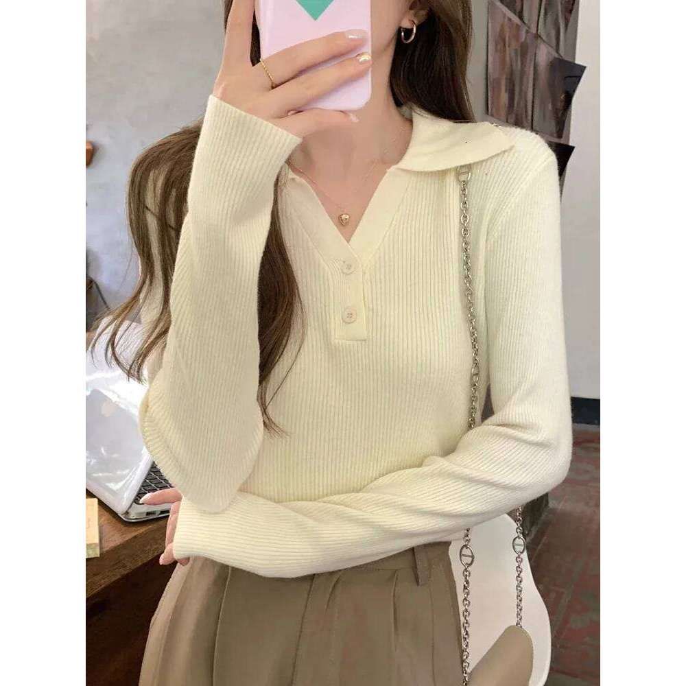 Autumn Winter Half-open V-lapel Pullover Female Korean Version Of Long-sleeved Wearing Loose Sweater Slim Button Tops Z260314