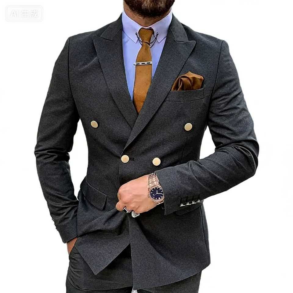 Slim Fit Formal Business Tuxedo for Men Checkered 2-Piece Set Groomsmen Wedding Dress Suit Jacket Vest Pants M260313