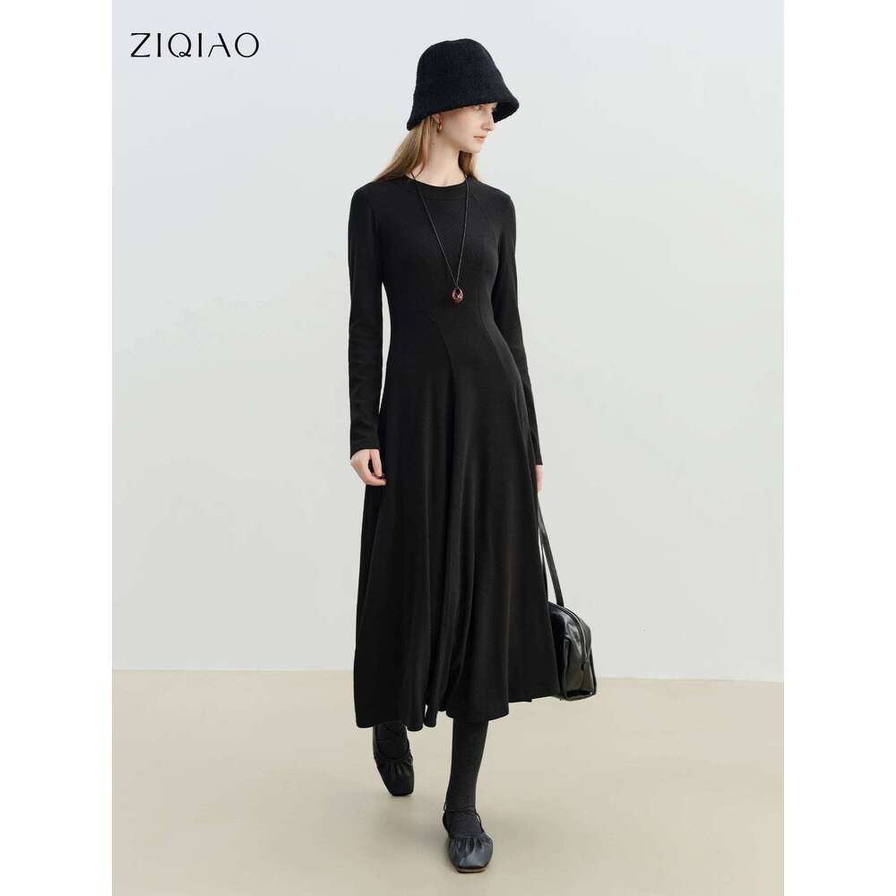 ZIQIAO 2025 Winter Women's Slim Fit Knit - Round Neck Bodycon Little Black Dress Tummy Control Waist Elegant Mid-Length Z260313