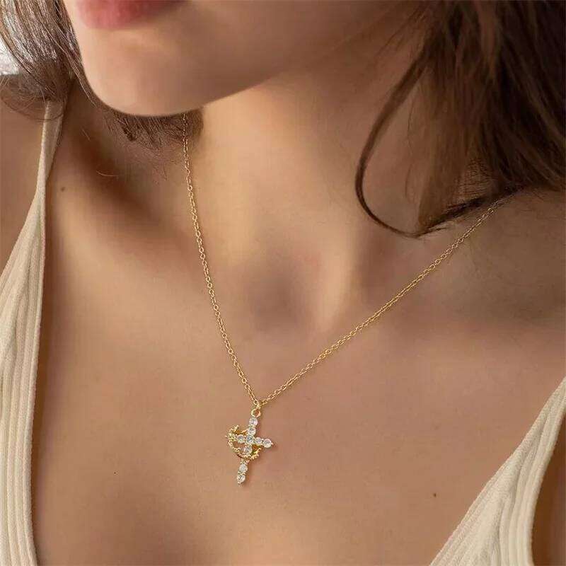 SUNSLL Cubic Zircon Rotatable Crown Cross Pendant Necklaces Classic Stainless Steel Chain Banquet Party Jewelry For Women Men H260312