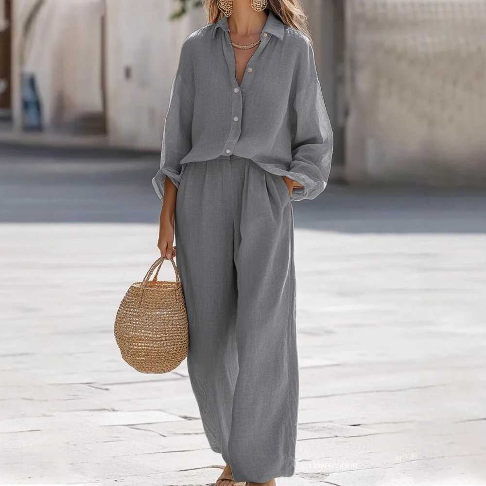 2026Summer Cotton Linen Lady Home Suits Casual Women Trousers Sets Lapel Single Breasted Long Sleeve Loose Top Wide Leg Pant Set M260313