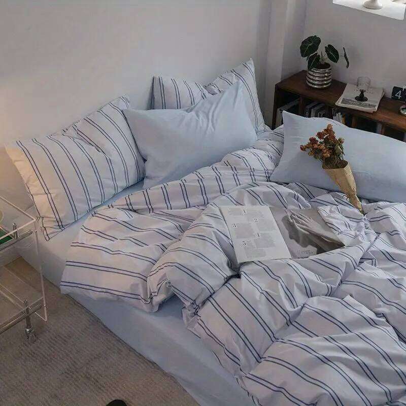 Bed Linen Sheets Duvet Cover Comforter Vintage Red Blue Washed Cotton Striped Four-piece Set A Laid-back Japanese Style H260312 - view 4