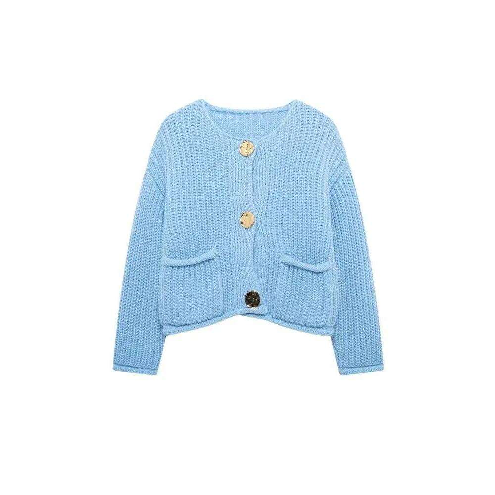 Women's Long Sleeve Knit Cardigan Sweater, Gold Buttons, Front Patch Pockets, O Neck, Female Outerwear, Chic Tops, Fashion Z260313