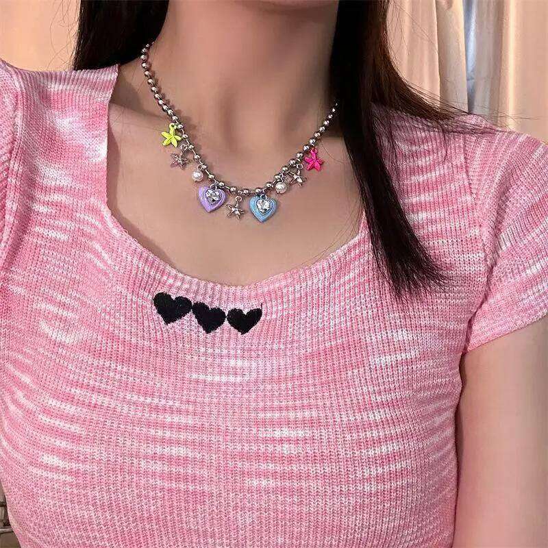 Korean Fashion Colorful Star Pearl Crystal Pendant for women Aesthetic Jewelry Beaded Necklace Clavicle Chain Y2K H260312