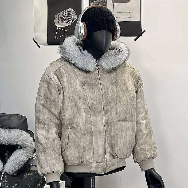 Y2K Cotton with fur collar eagle embroidered tie-dyeed winter men's design outdoor jacket thick and comfortable Z260313