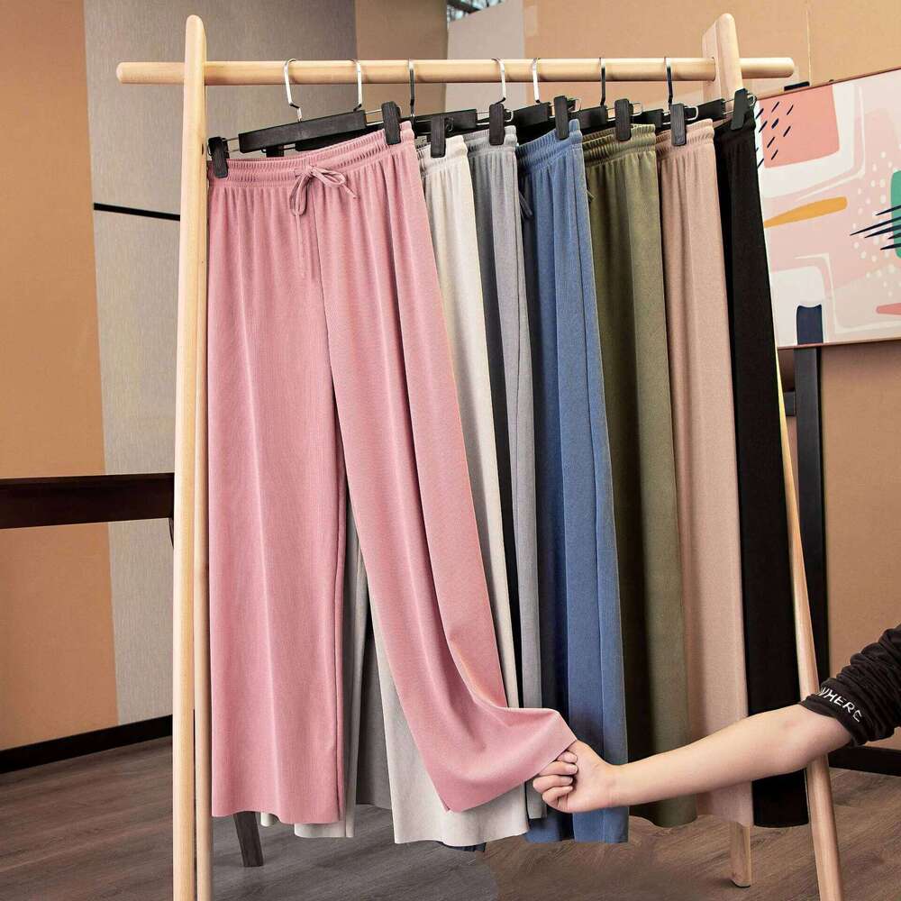 New Women Ankle-Length Wide Leg Casual Solid Elastic Waist Loose Ice Silk Pants Spring Summer Female Trousers