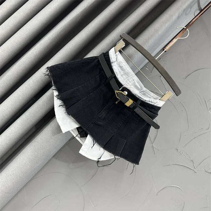 Trend Contrast Color Patchwork Denim Skirt Women Hem Burrs High Waist Loose Wrap Hip Skirts Female 2023 Spring New Z260314