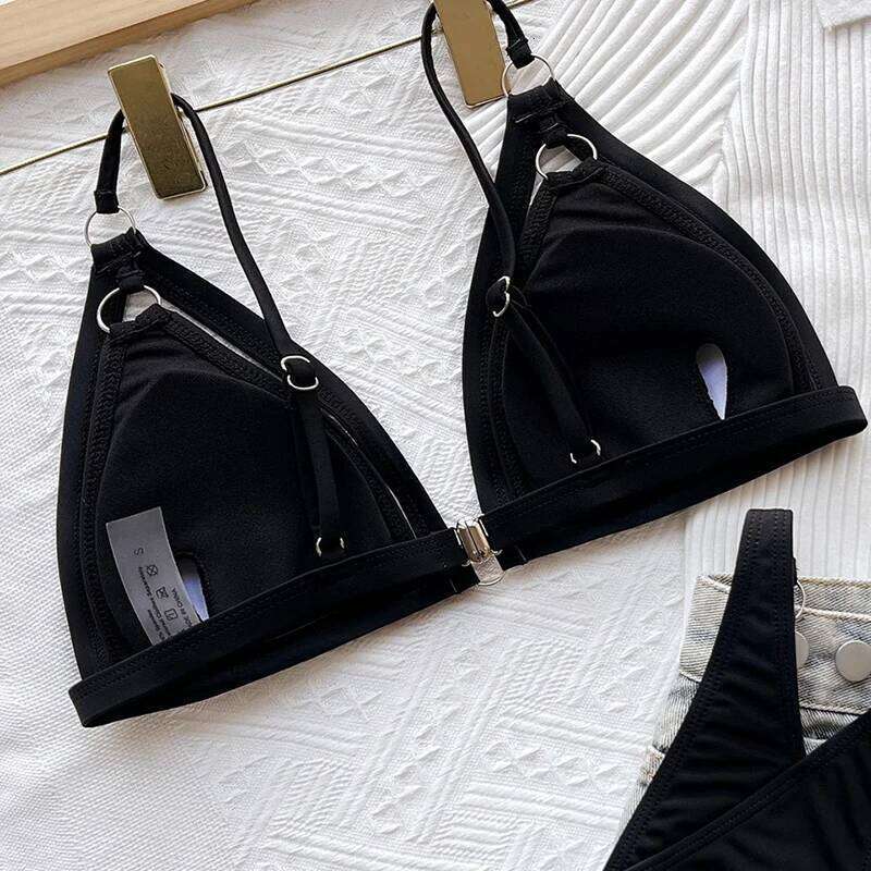 Push Up Women 2026 Sexy Solid Black Swimwear Two Piece Bathing Suit Straps Triangle Hollow Out Thong Bikini Set Swimsuits Y260303