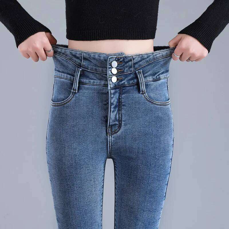 Women Thermal High Waist Winter Snow Warm Plush Stretch Jeans Lady Skinny Thicken Students Denim Pants Fleece Fur Trousers Z260313