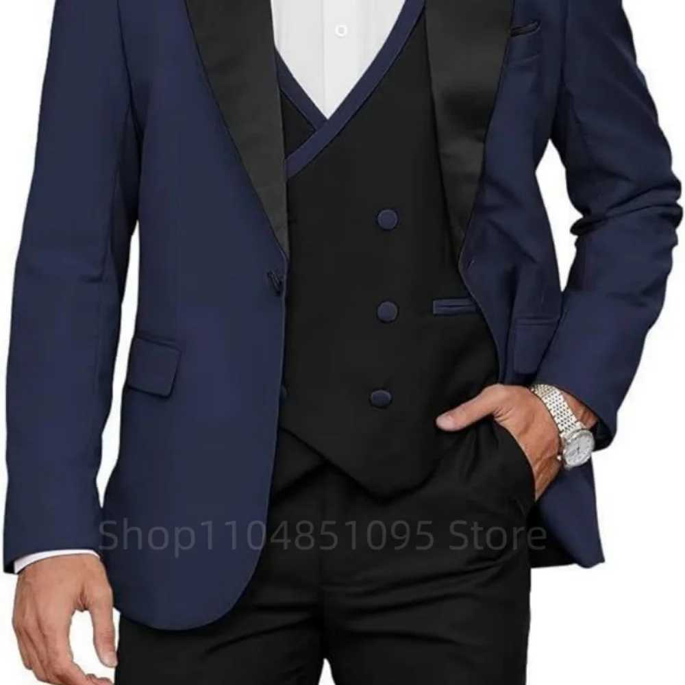 Blue 3 Piece Mens Wedding Suits Casual Groomsmen Bridegroom Tuxedo Blazer Jacket Vest Pants Set for Homme M260313