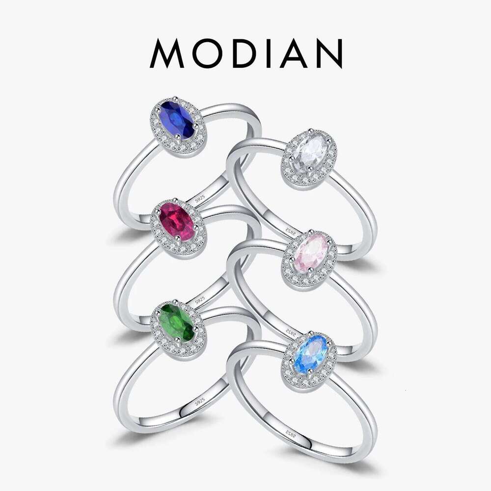 MODIAN 925 Sterling Silver Classic Oval Rainbow Colorful Zirconia Ring For Women Wedding Anniversary Statement Fine Jewelry H260312